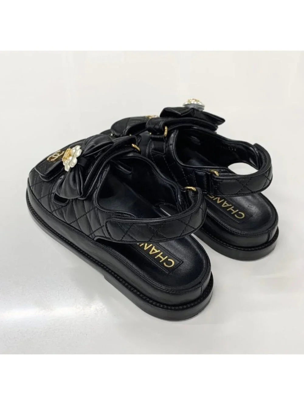 Chanel CC Logo Quilted Camellia Rhinestone Leather Sandals